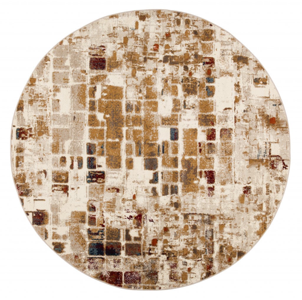 8’ Round Brown Beige Abstract Tiles Distressed Area Rug