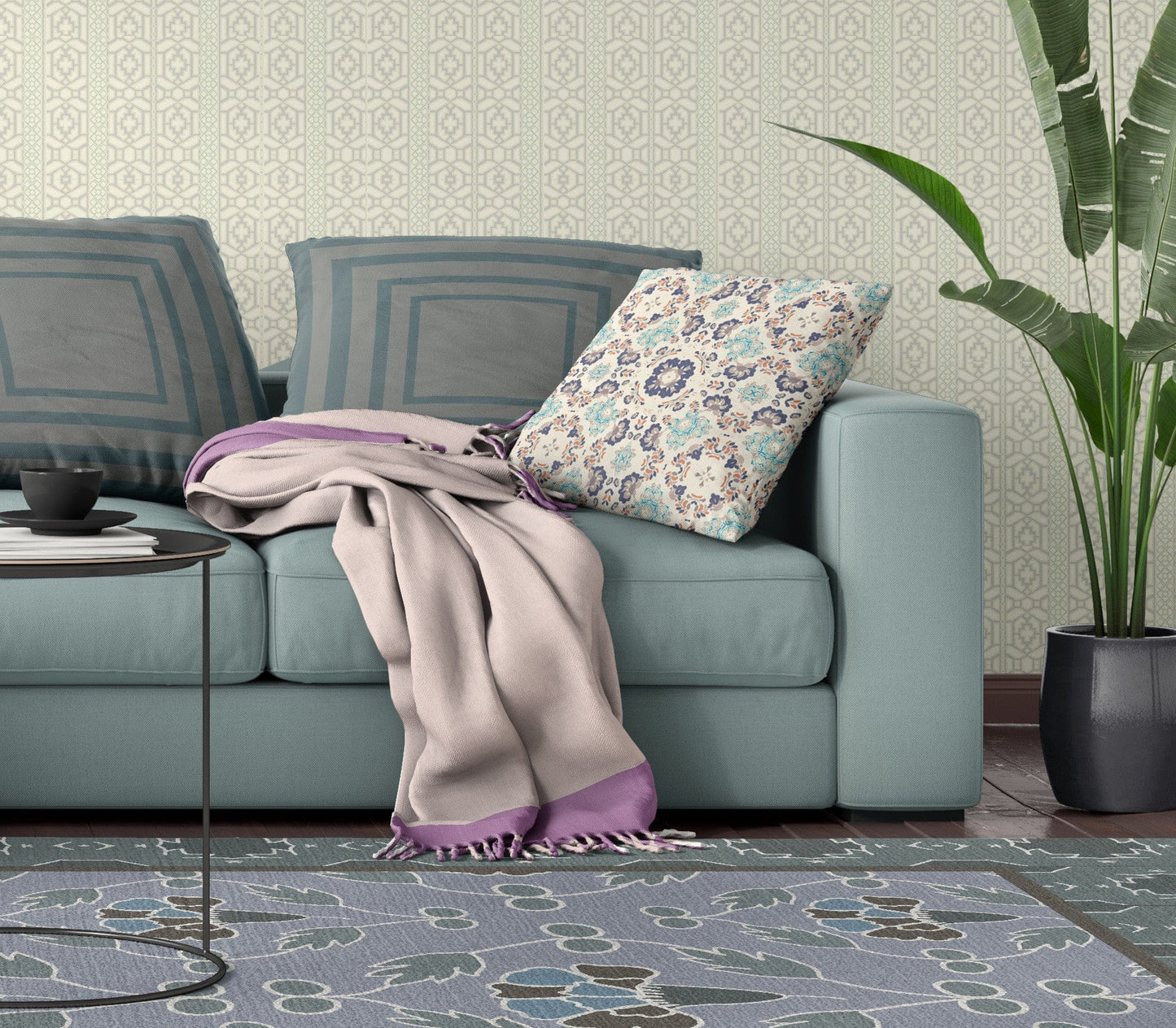 16" X 16" Off White And Blue Floral Blown Seam Suede Throw Pillow