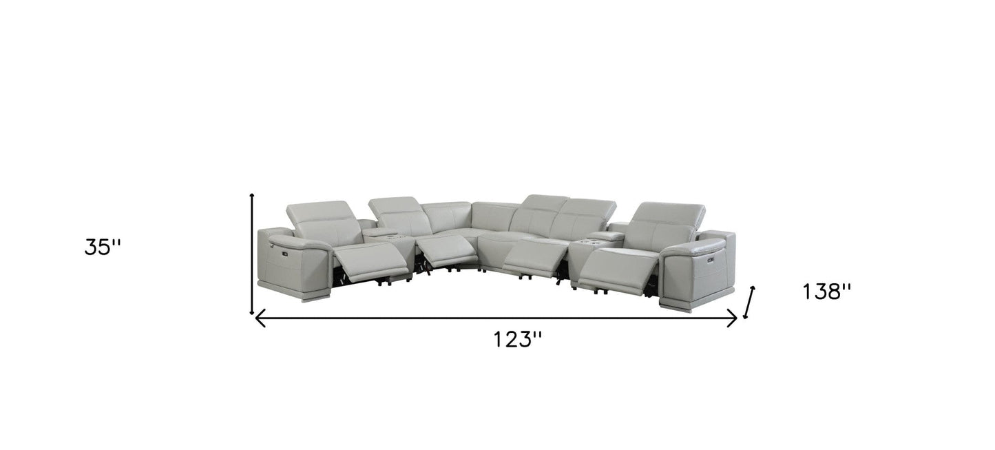 Light Gray Italian Leather Power Recline L Shape Eight Piece Corner Sectional With Console