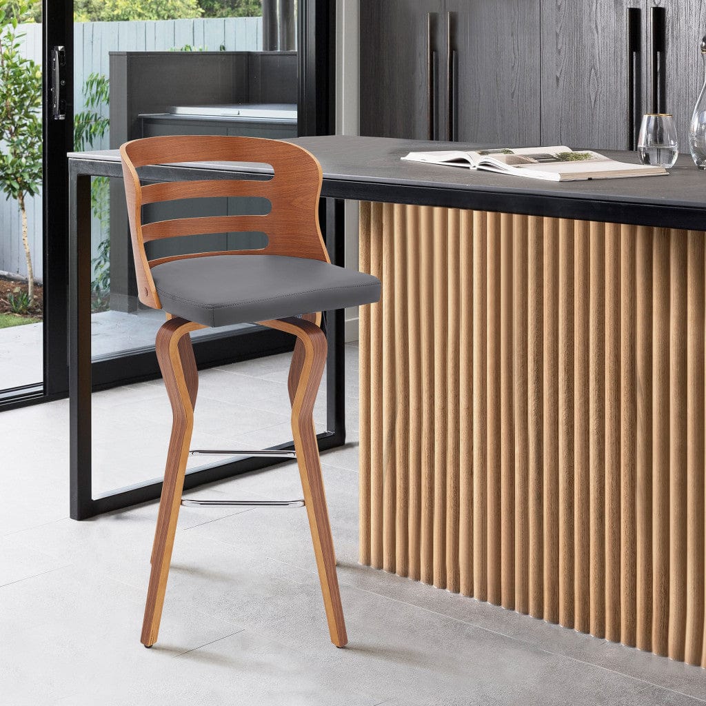35" Gray Faux Leather And Manufactured Wood Swivel Counter Height Bar Chair
