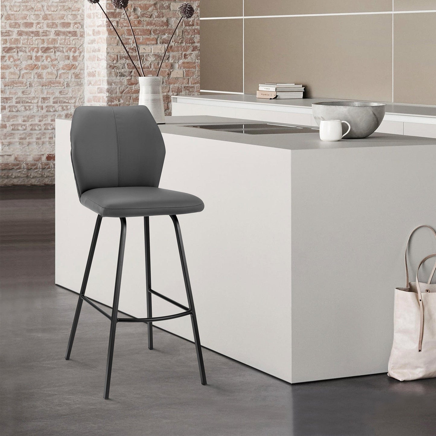 38" Gray Faux Leather And Iron Counter Height Bar Chair