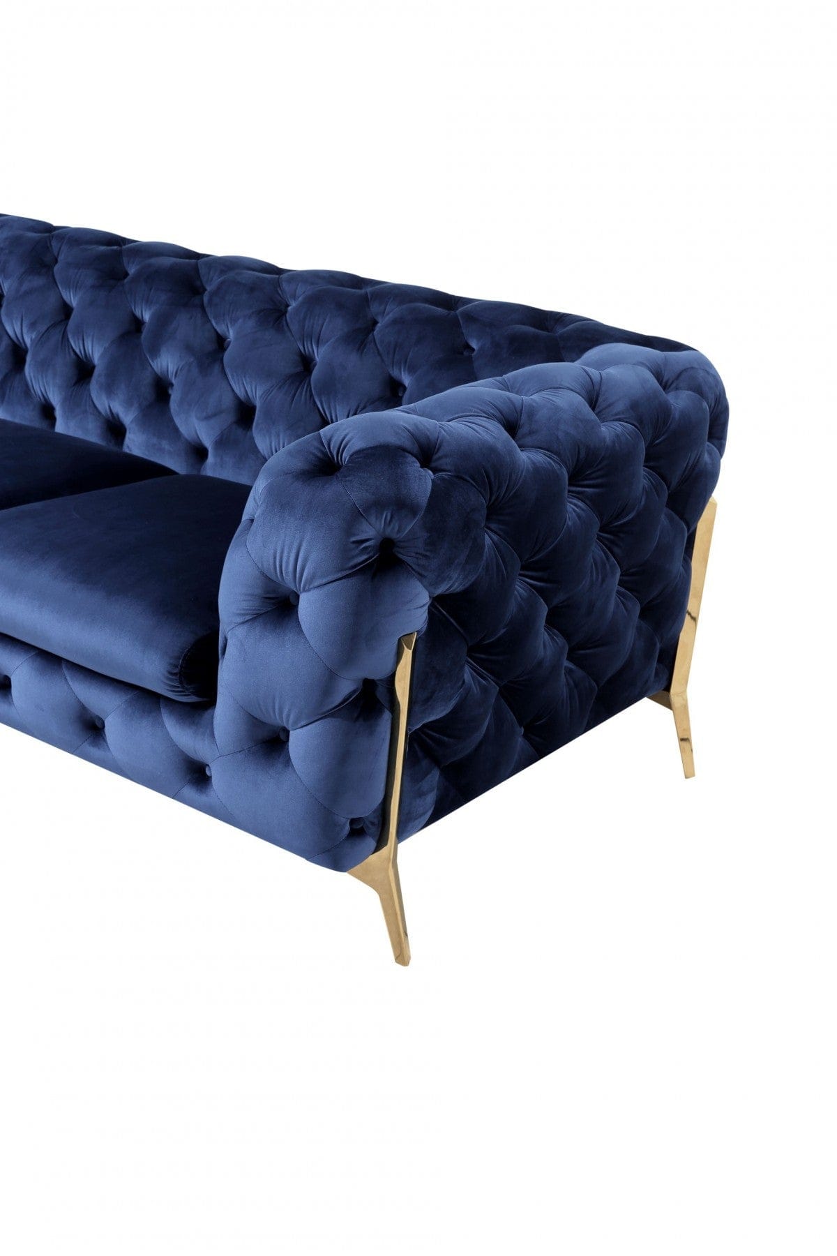 Contemporary 97" Blue Velvet And Gold Accent Sofa