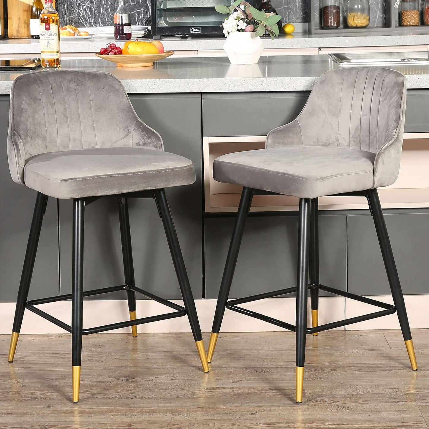 Set Of Two 39" Gray Velvet And Black Bar Height Chairs