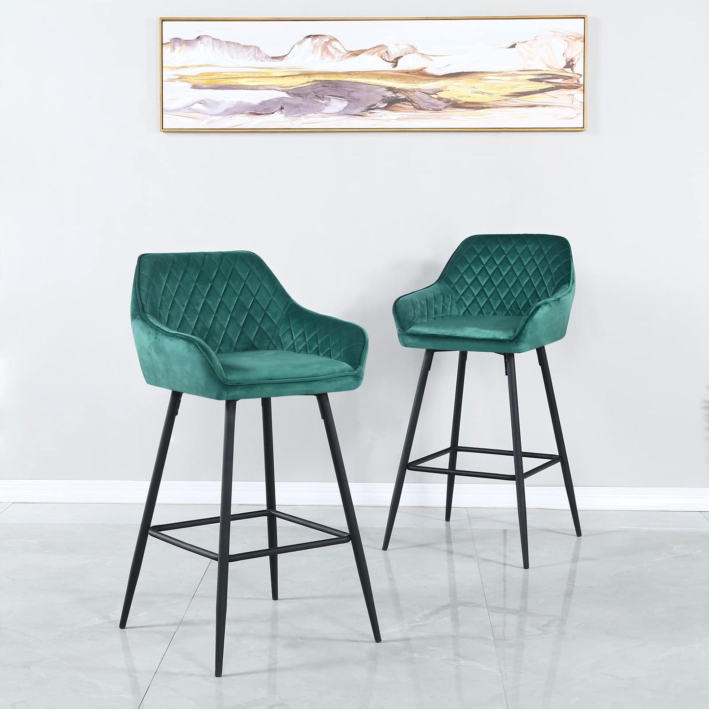 Set Of Two 36" Green Velvet And Black Iron Bar Height Chairs