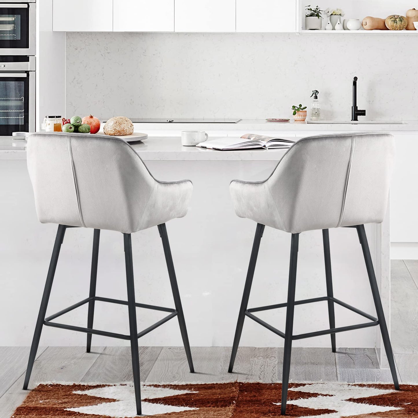 Set Of Two 36" Gray Velvet And Black Iron Bar Height Chairs