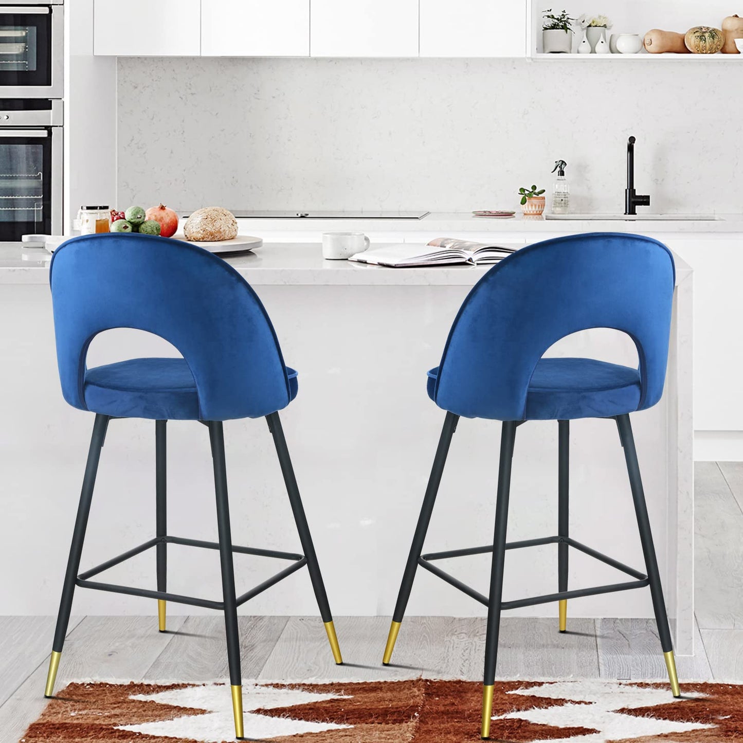 Set Of Two 39" Blue Velvet And Black Open Back Bar Height Chairs