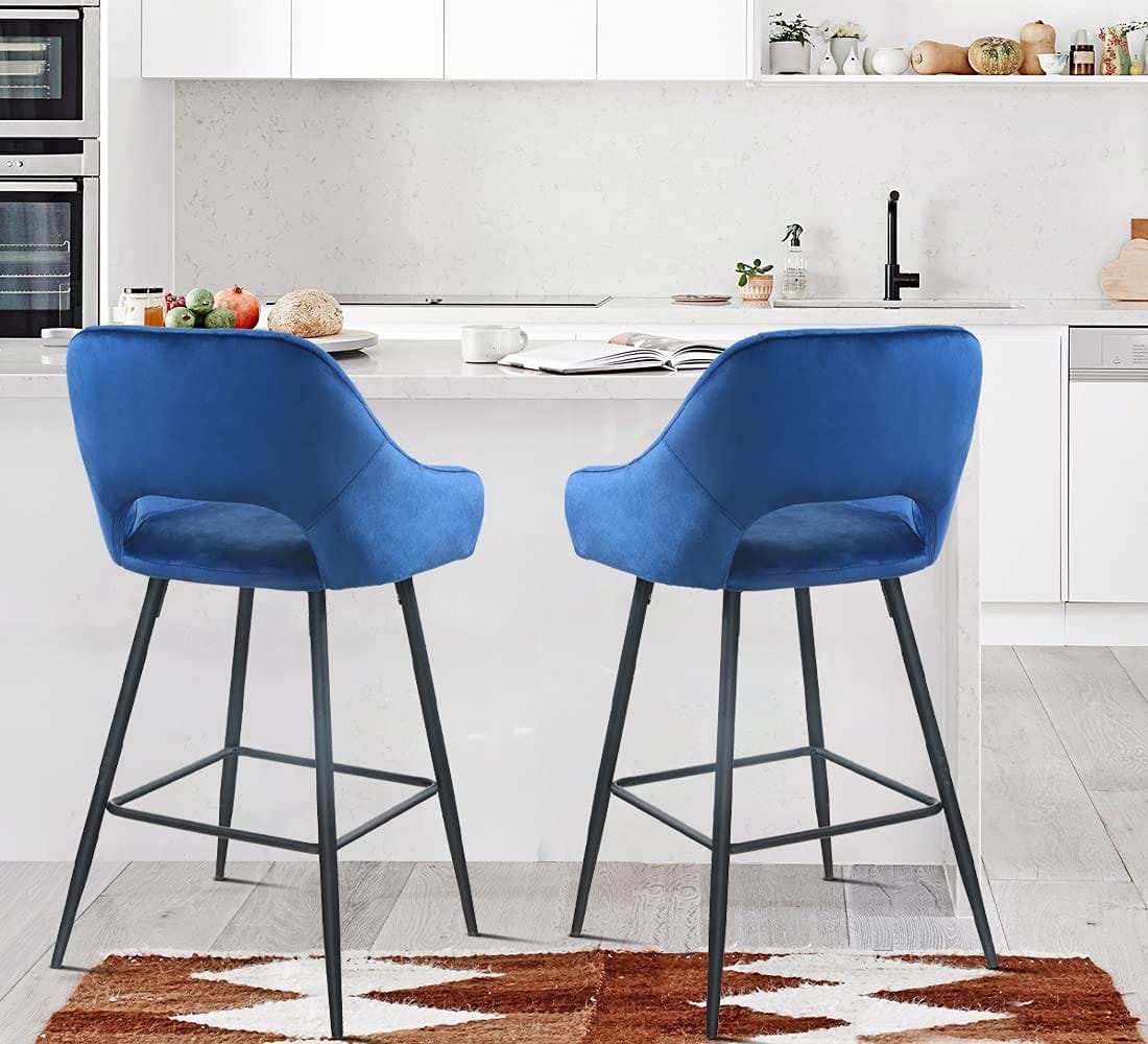 Set Of Two 38" Blue Velvet And Black Open Back Bar Height Chairs