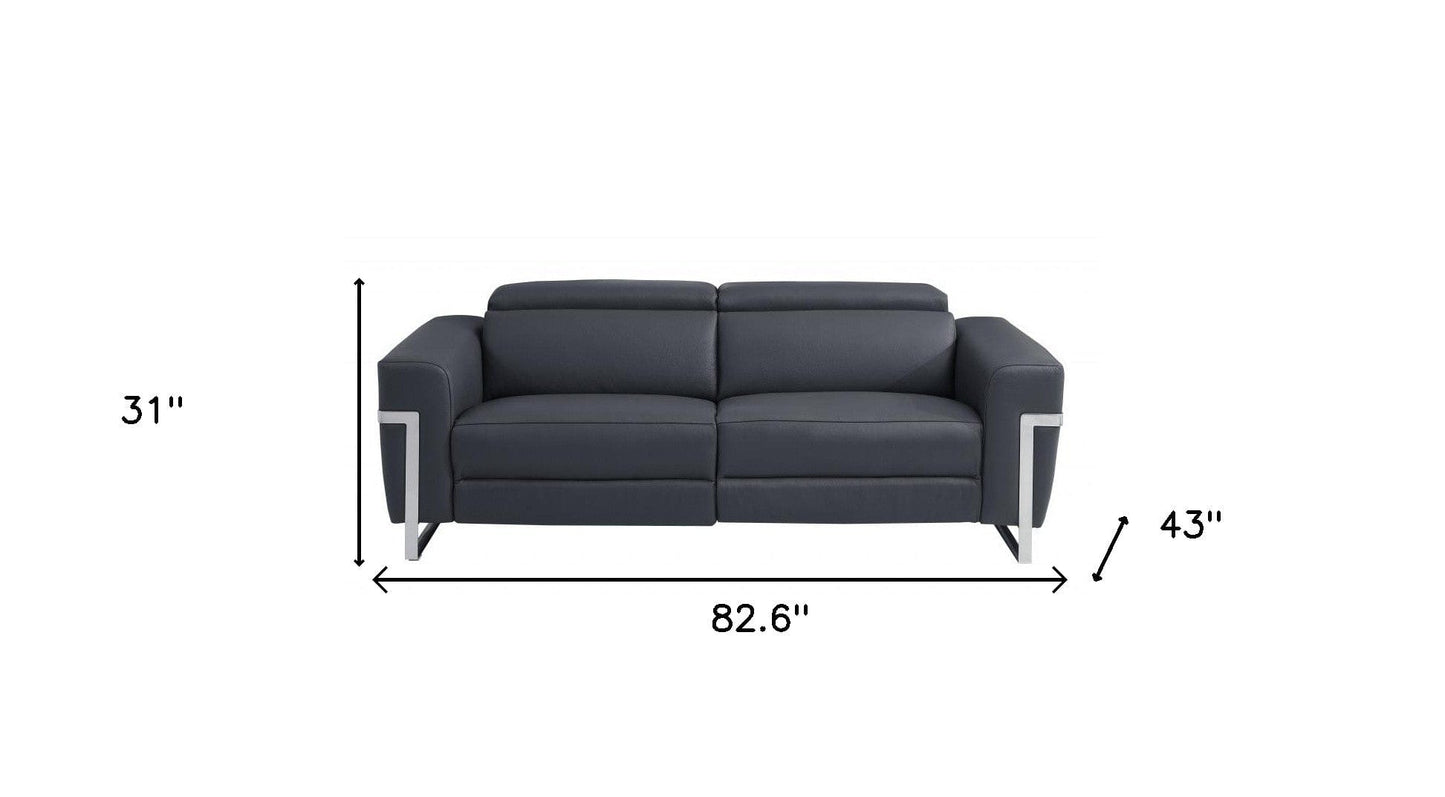 83" Dark Gray Italian Leather and Chrome Reclining Sofa