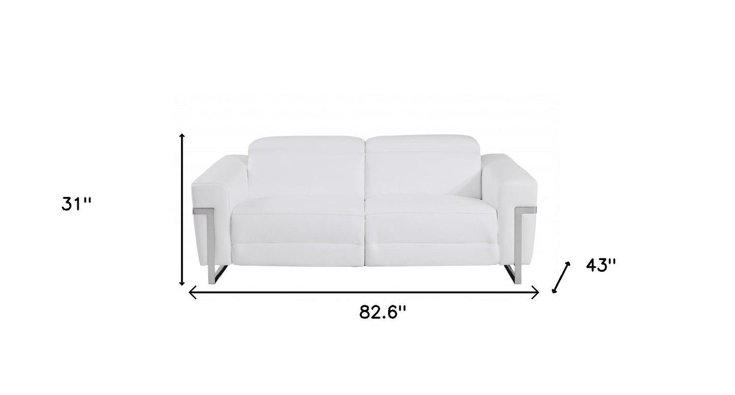 83" White Italian Leather with Chrome Accents Reclining Sofa
