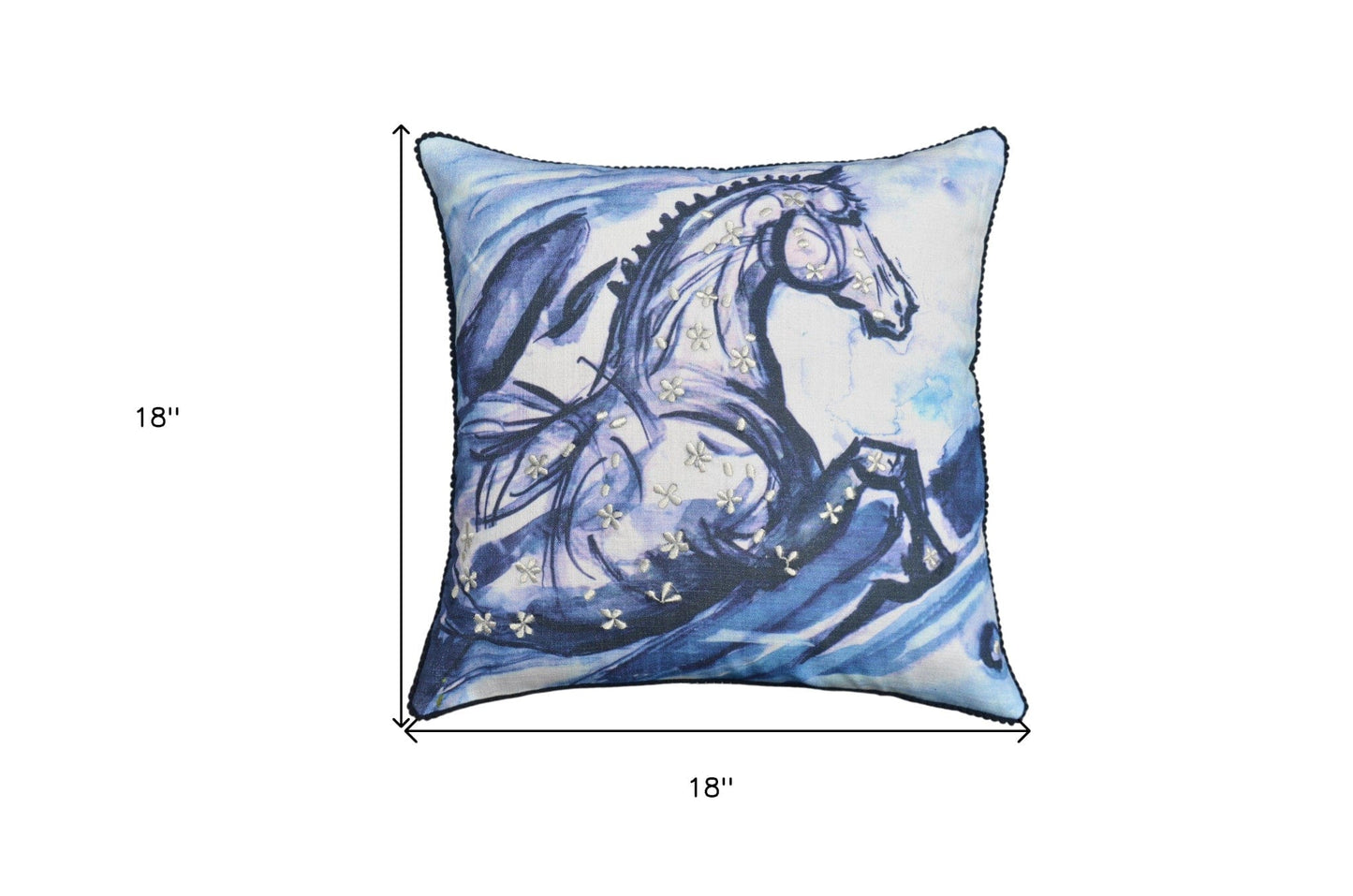 18" X 18" Blue Horse Zippered Cotton Blend Throw Pillow With Embroidery