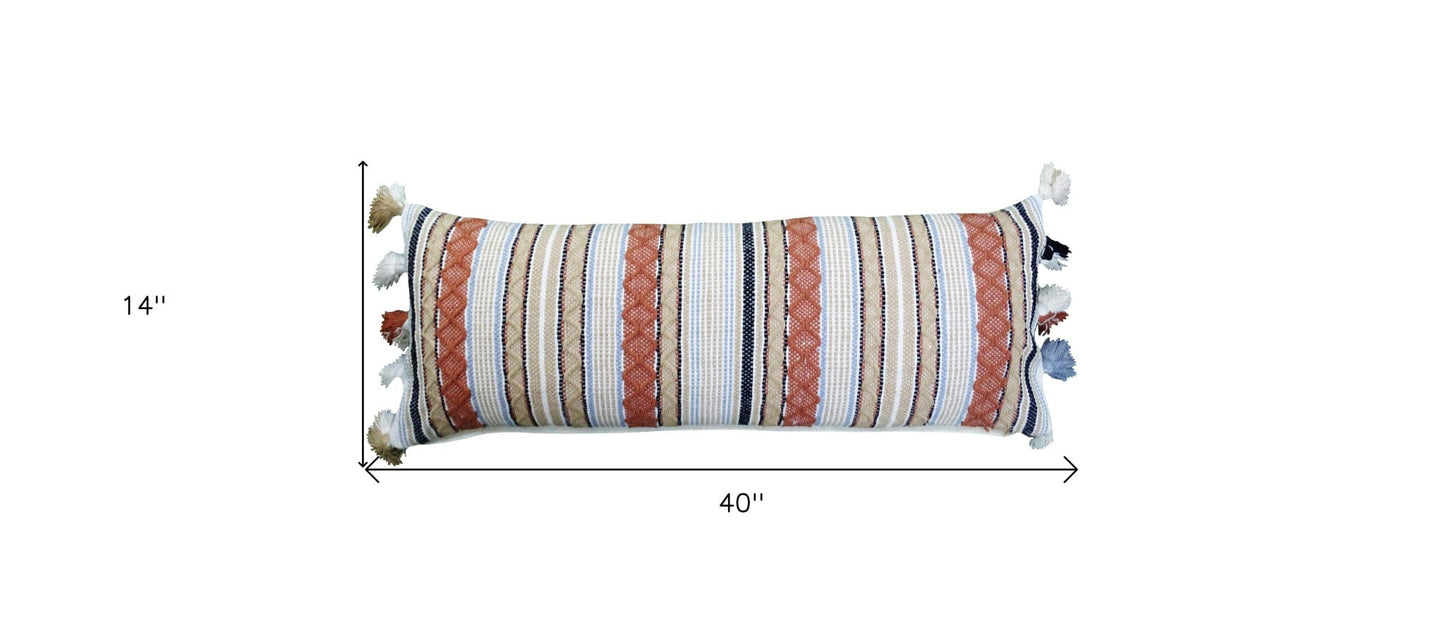 14" X 40" Tan And Beige Trellis Zippered Handmade Cotton Blend Throw Pillow With Tassels