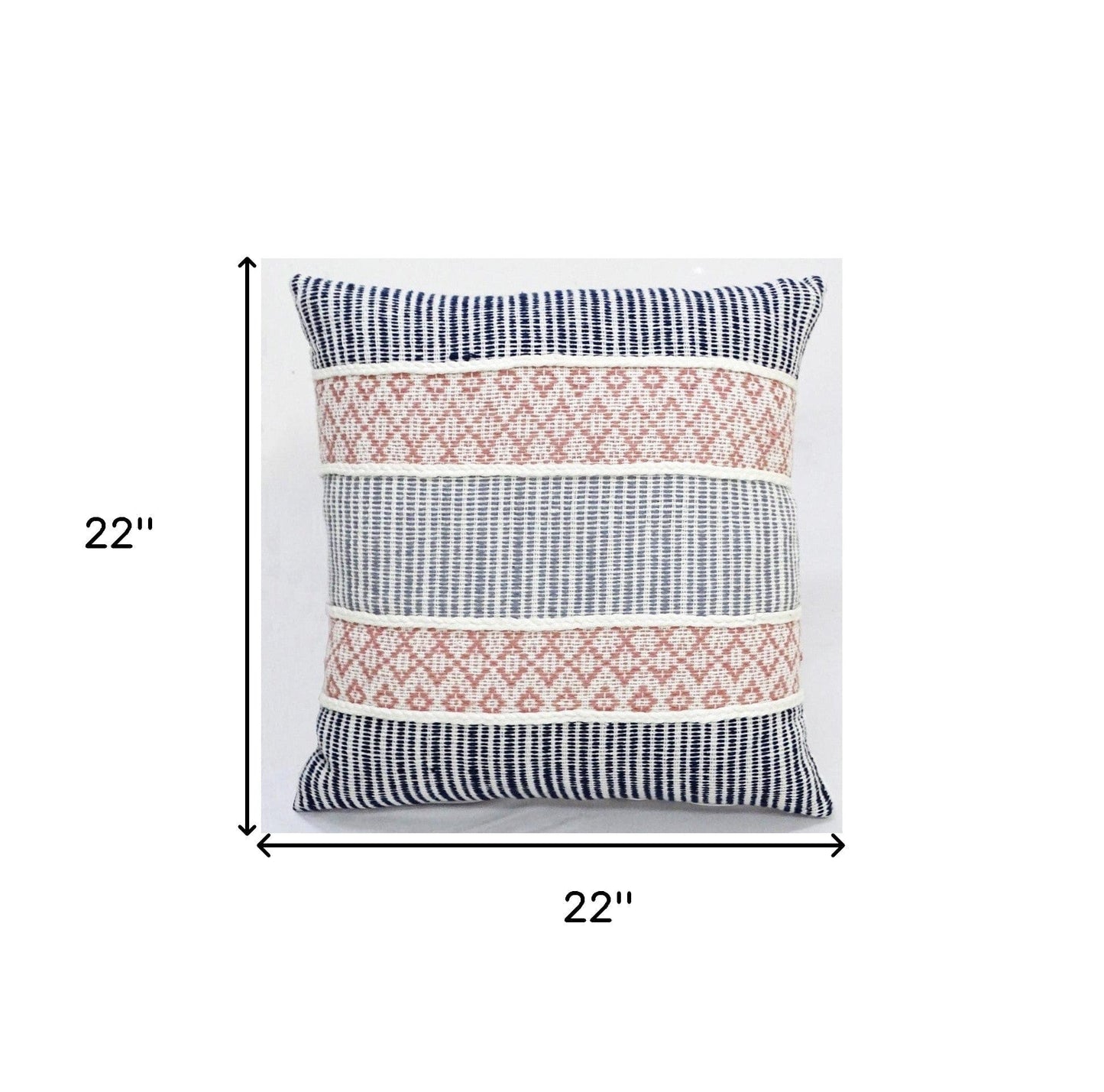 22" X 22" Blue And Peach Trellis Zippered Cotton Blend Throw Pillow With Embroidery