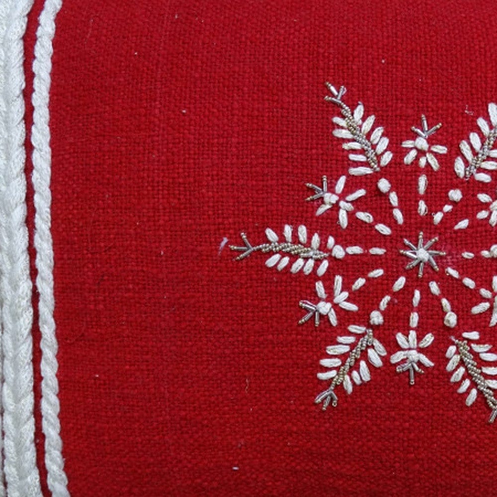 14" X 20" Red Zippered Cotton Blend Christmas Snowflakes Throw Pillow With Embroidery