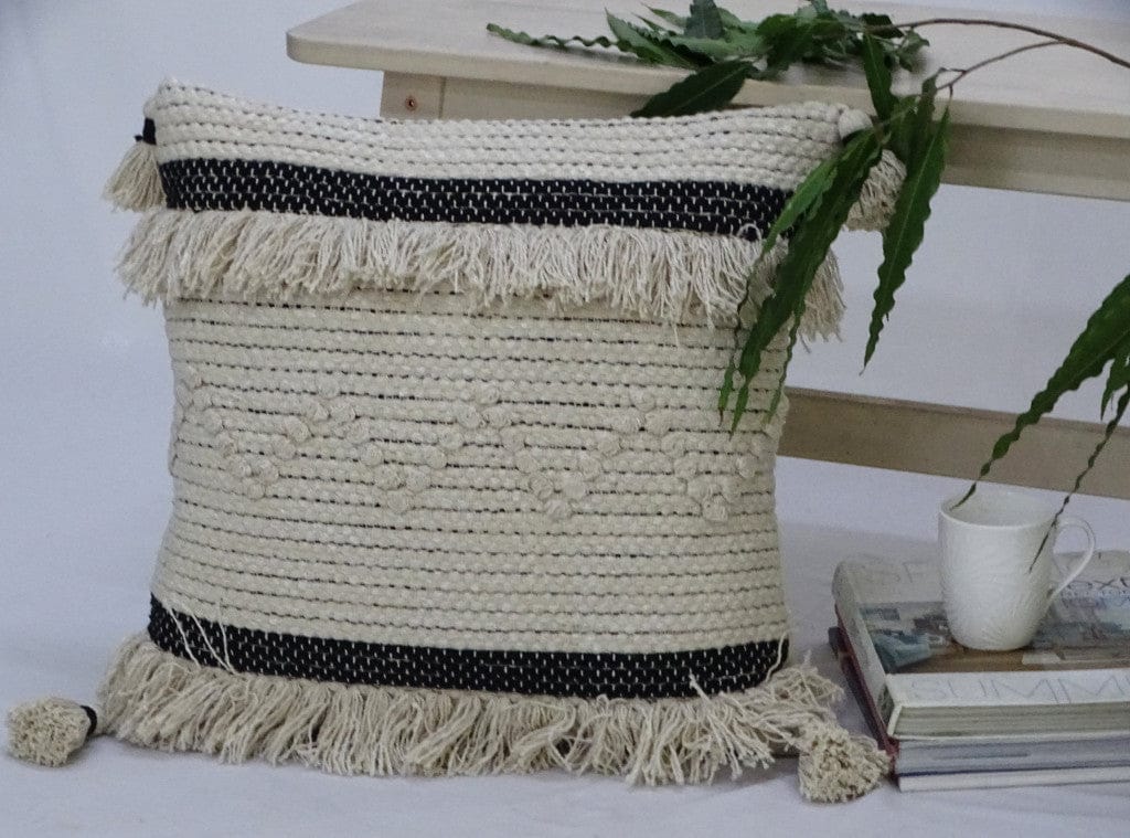 20" X 20" White And Black Ribbed Zippered Hand Loomed Cotton Blend Throw Pillow With Fringe