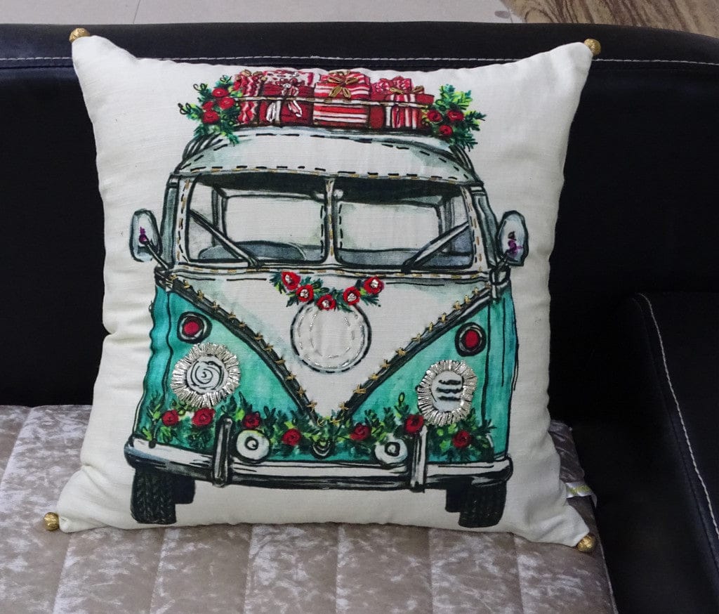 18" X 18" Red And Green Zippered Handmade Cotton Blend Christmas Holiday Van Throw Pillow With Embroidery