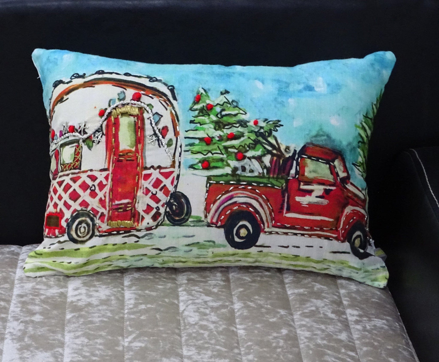 14" X 20" Red and Blue Christmas Holiday Van Throw Pillow