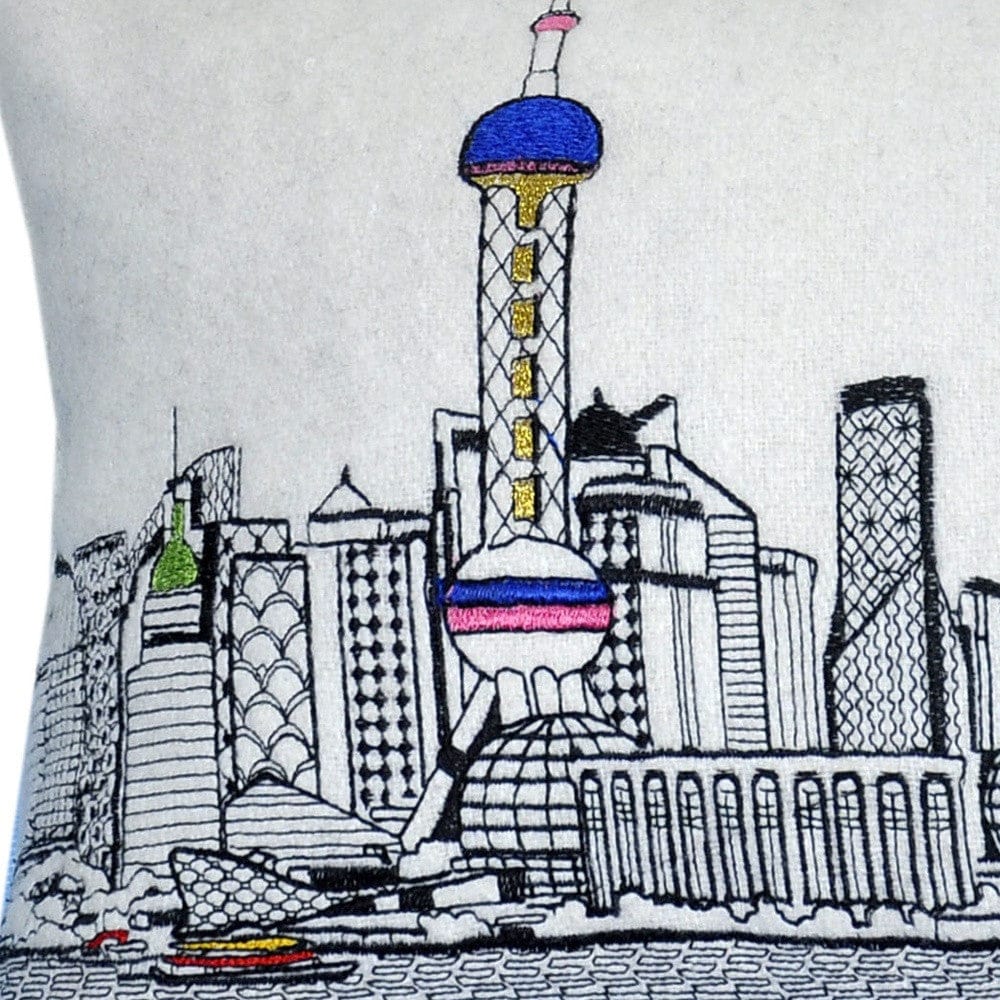 24" White Shanghai Daylight Skyline Lumbar Decorative Pillow