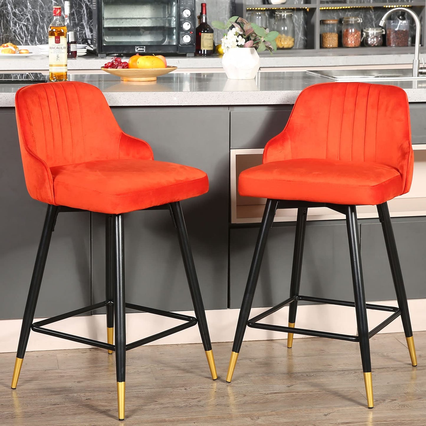Set Of Two 35" Orange and Black Bar Height Chairs