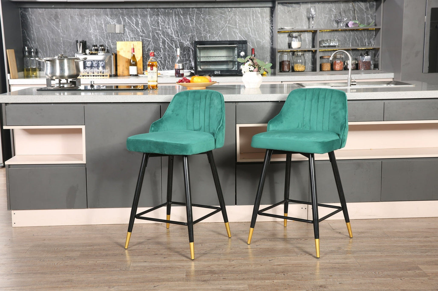 Set Of Two 35" Green and Black Bar Height Chairs