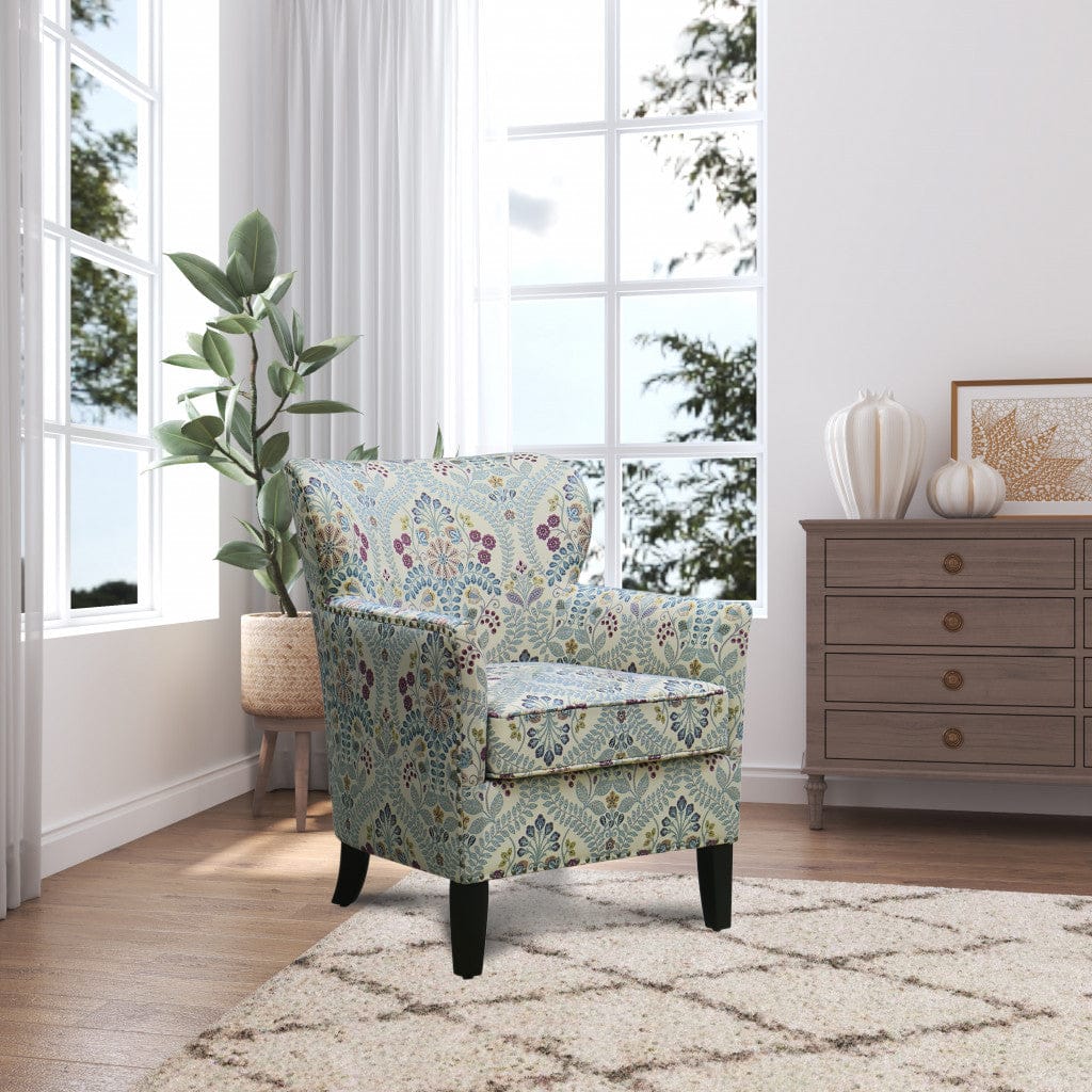 29" Blue Cream And Brown Polyester Blend Floral Arm Chair