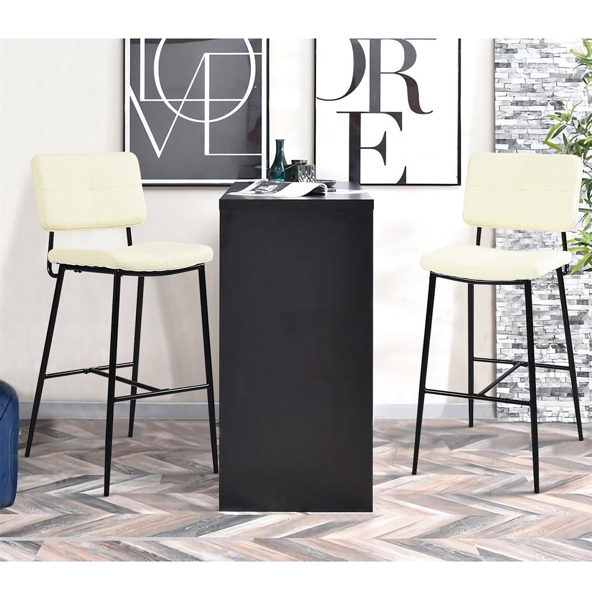 Set Of Two 41" Cream Faux Leather And Black Low Back Bar Height Bar Chairs