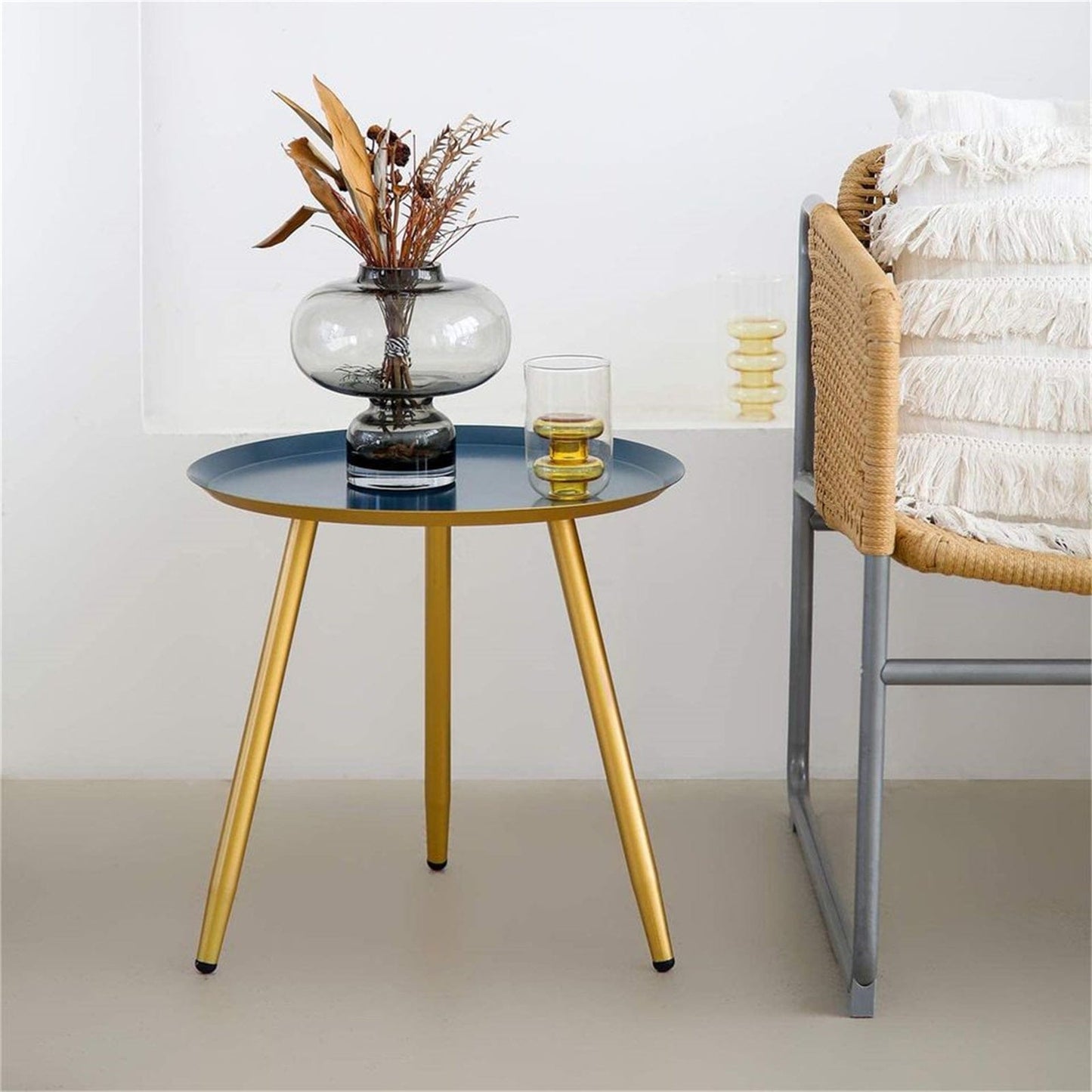 17" Golden And Blue Steel Round End Table