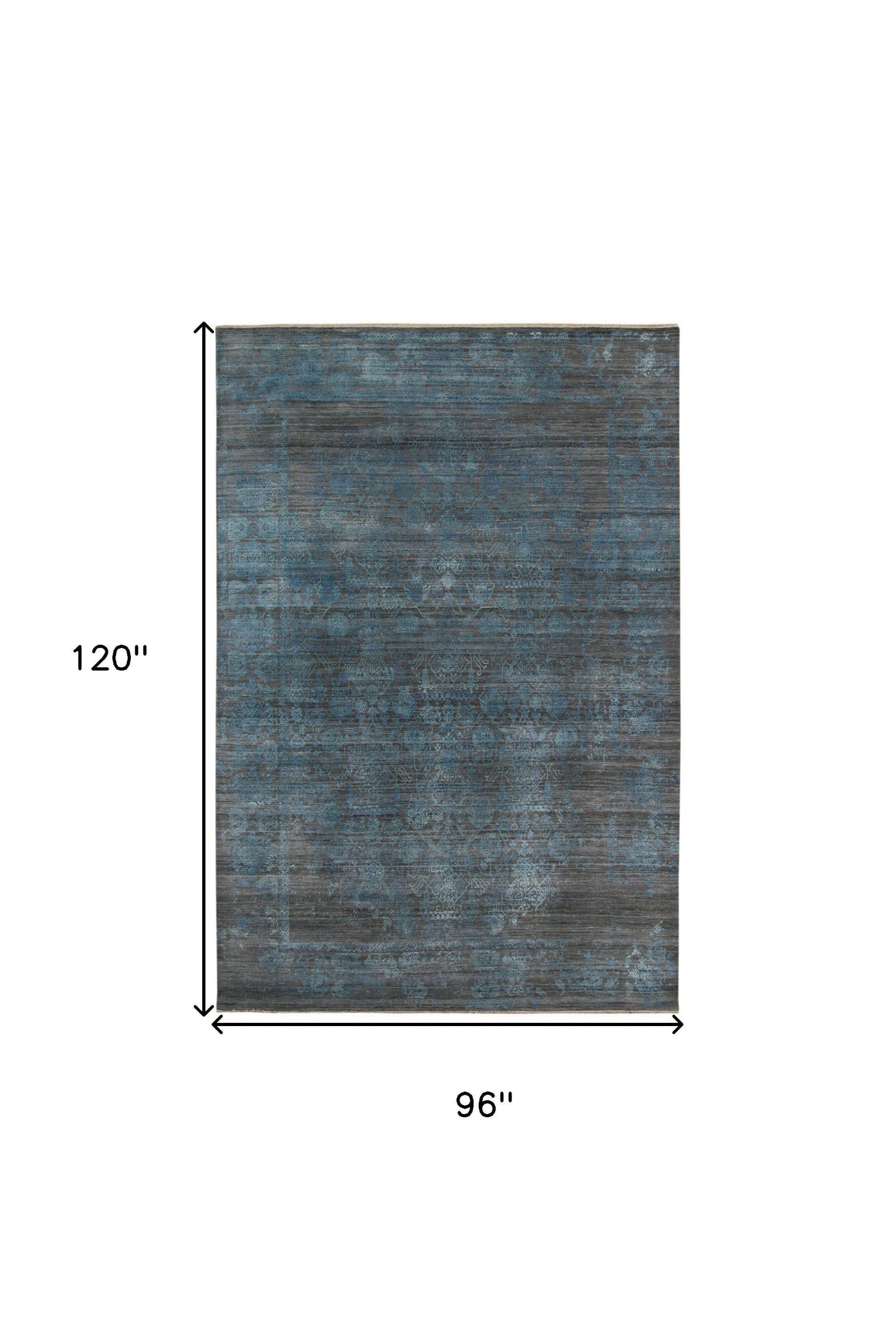 8' X 10' Dark Gray And Blue New Zealand Lambs Wool Damask Hand Knotted Area Rug With Fringe