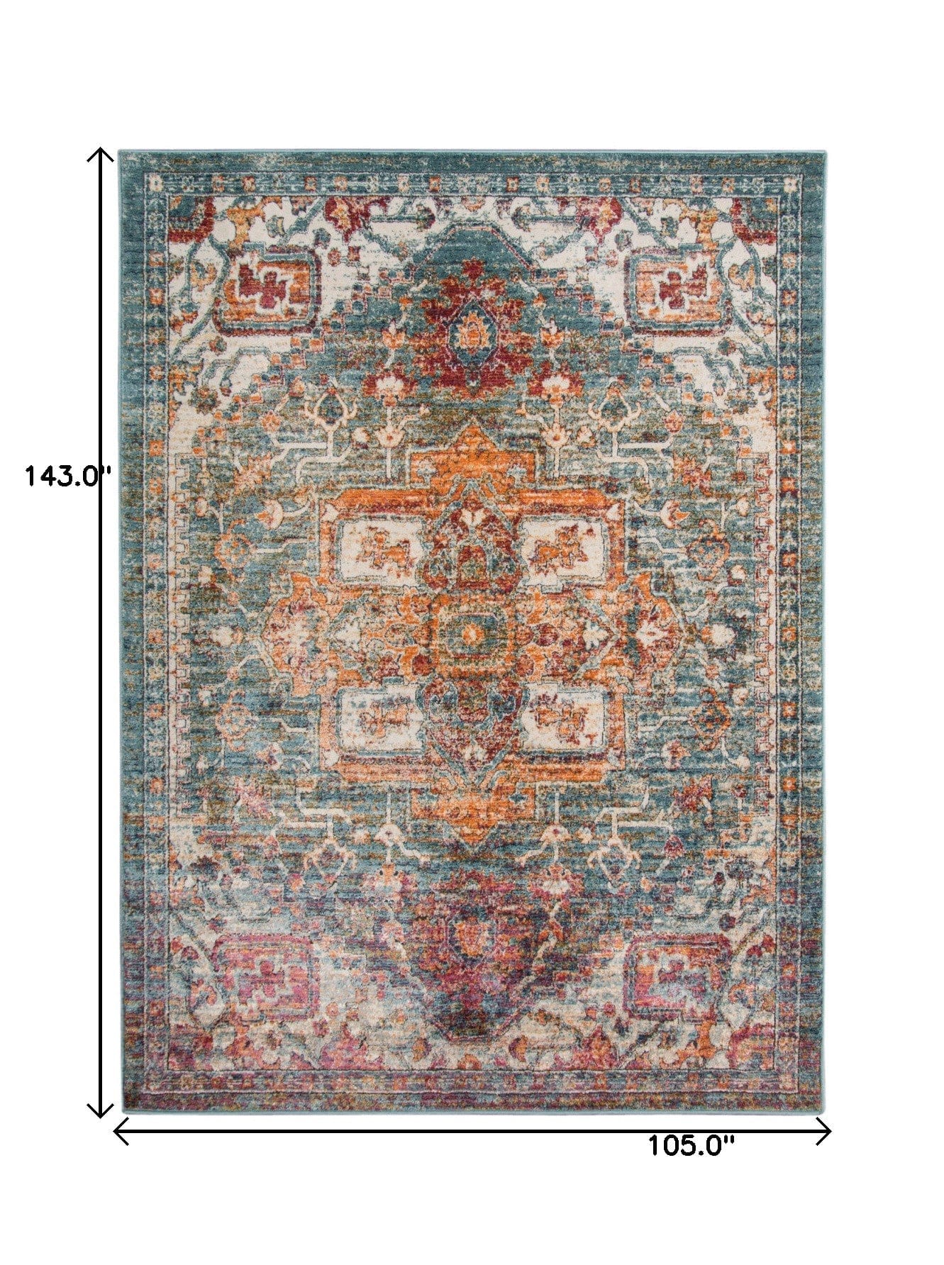 9' X 12' Blue Orange And Ivory Oriental Stain Resistant Area Rug