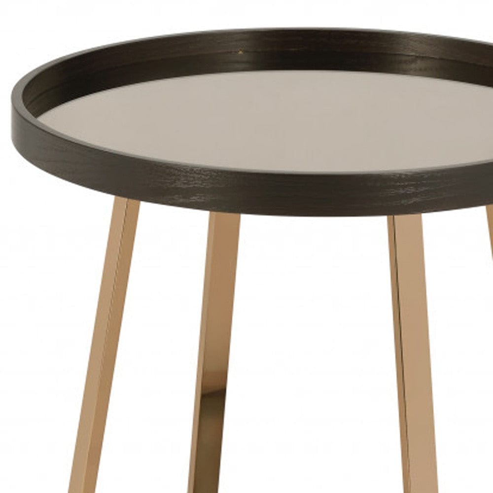 23" Champagne Walnut And Mirrored Metal Round End Table