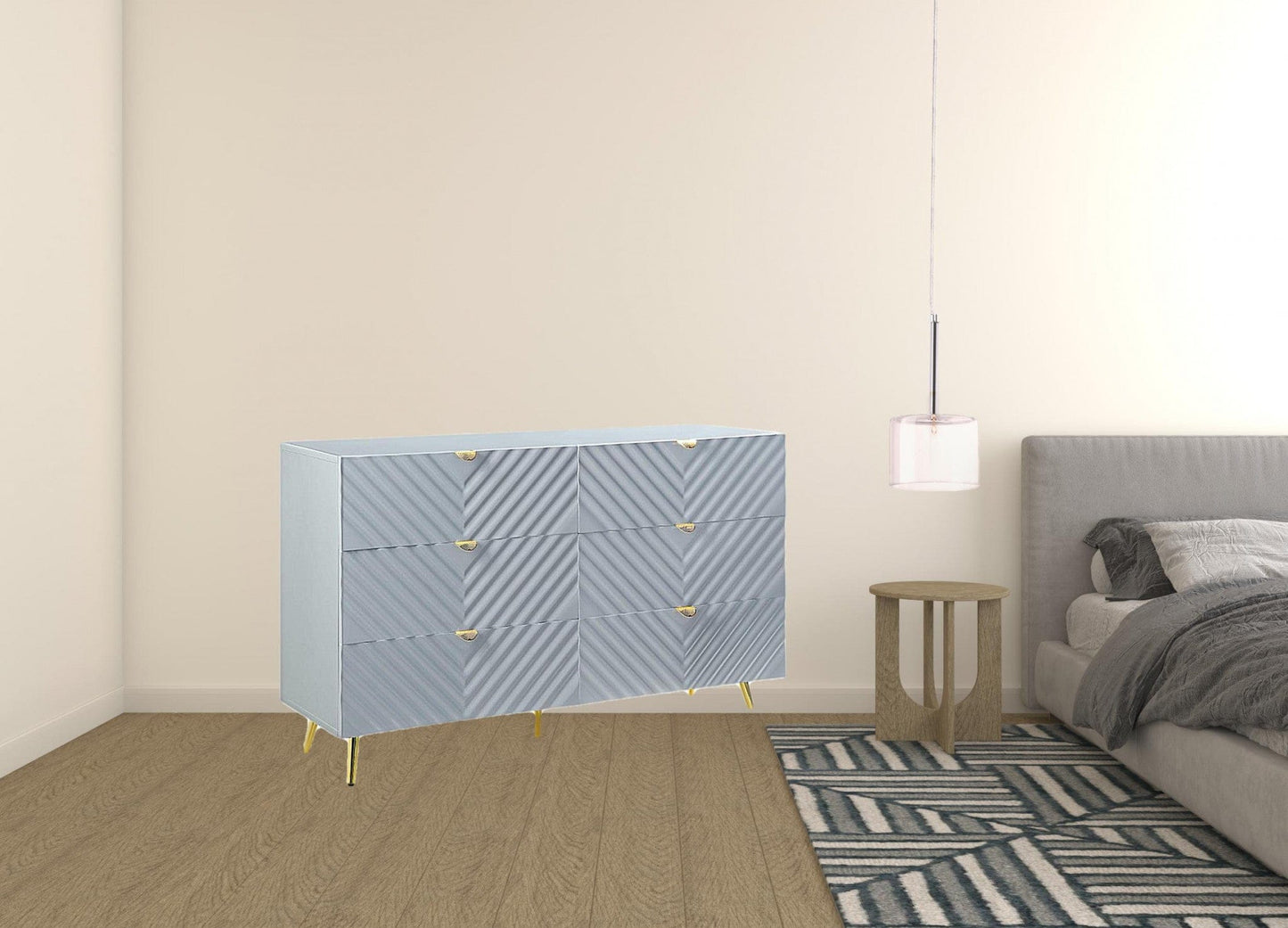 55" Gray and Gold Six Drawer Double Dresser