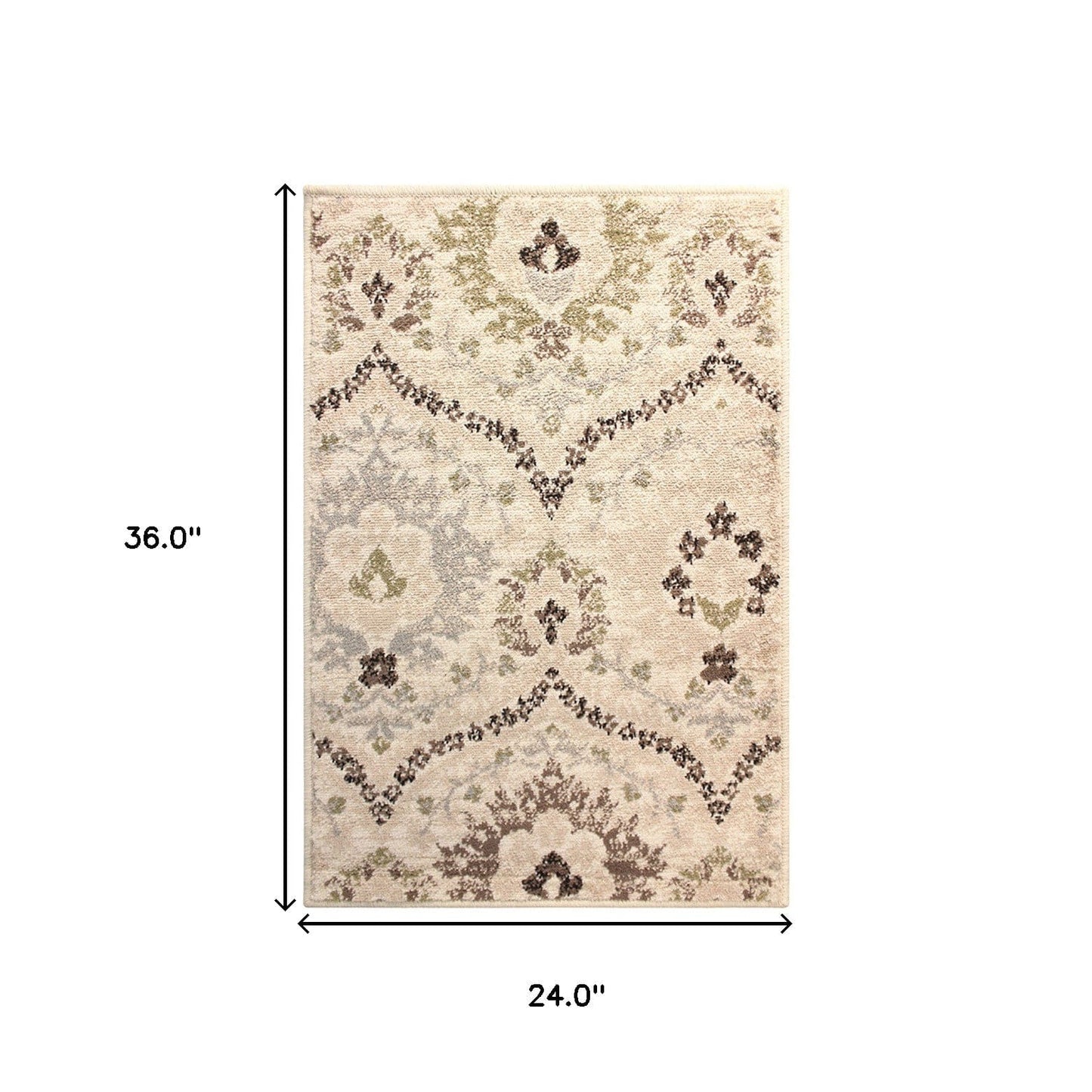 2' X 3' Ivory Gray And Olive Floral Stain Resistant Area Rug