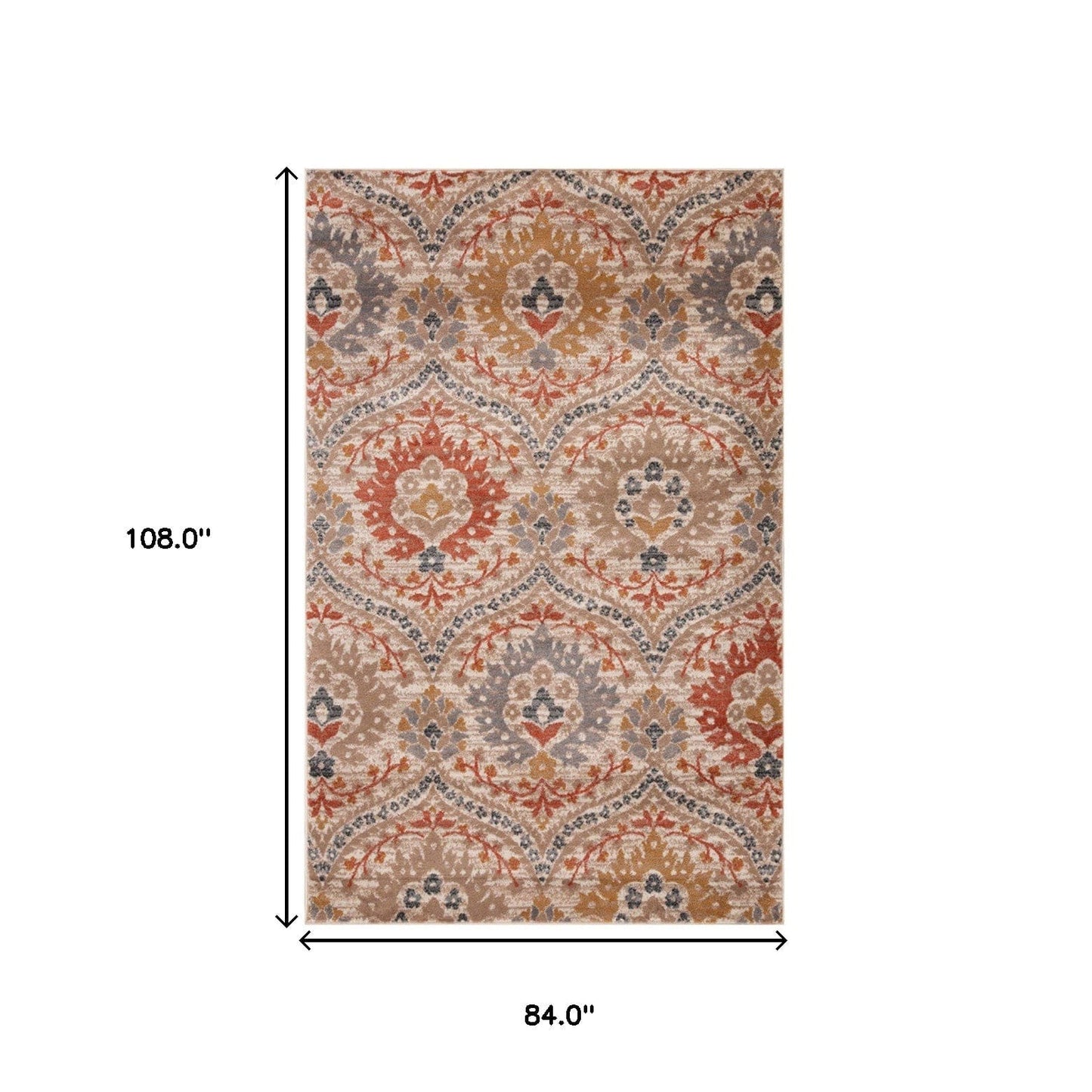 7' X 9' Ivory Orange And Gray Floral Stain Resistant Area Rug