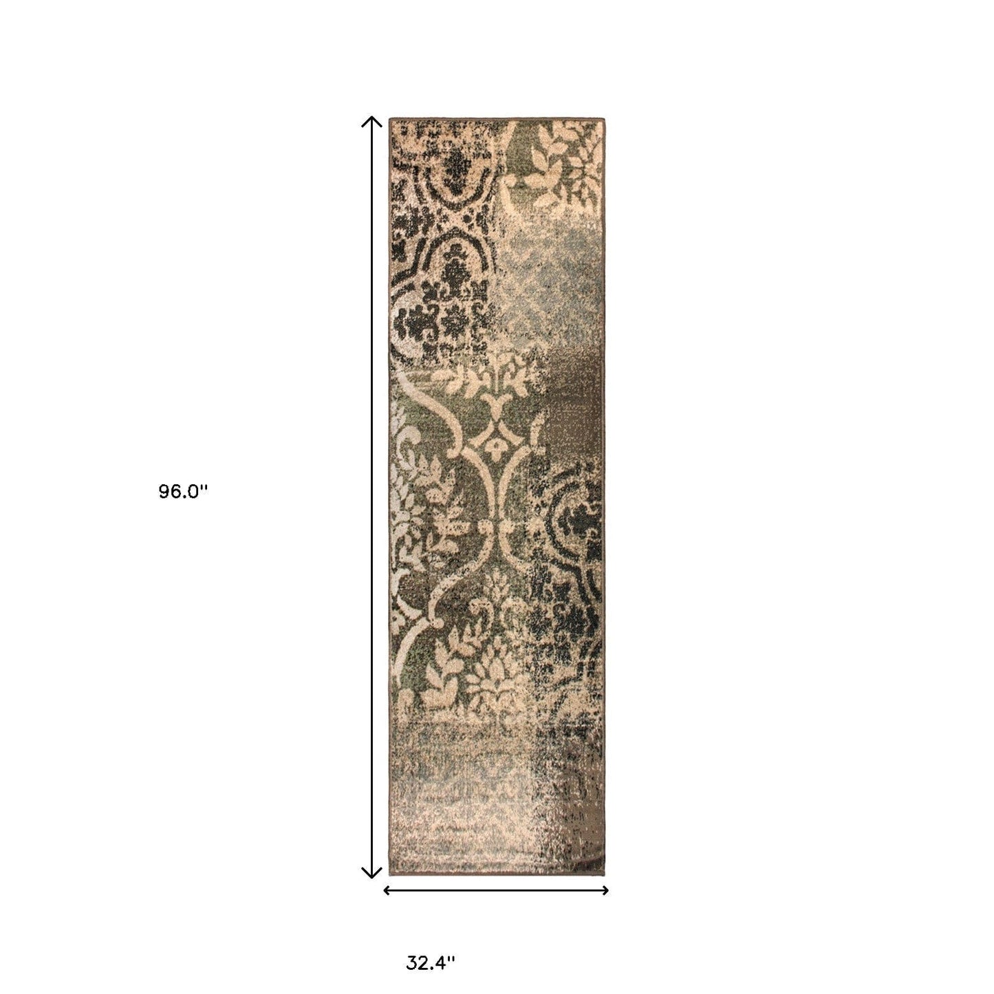 8' Ivory Light Blue Damask Distressed Stain Resistant Runner Rug