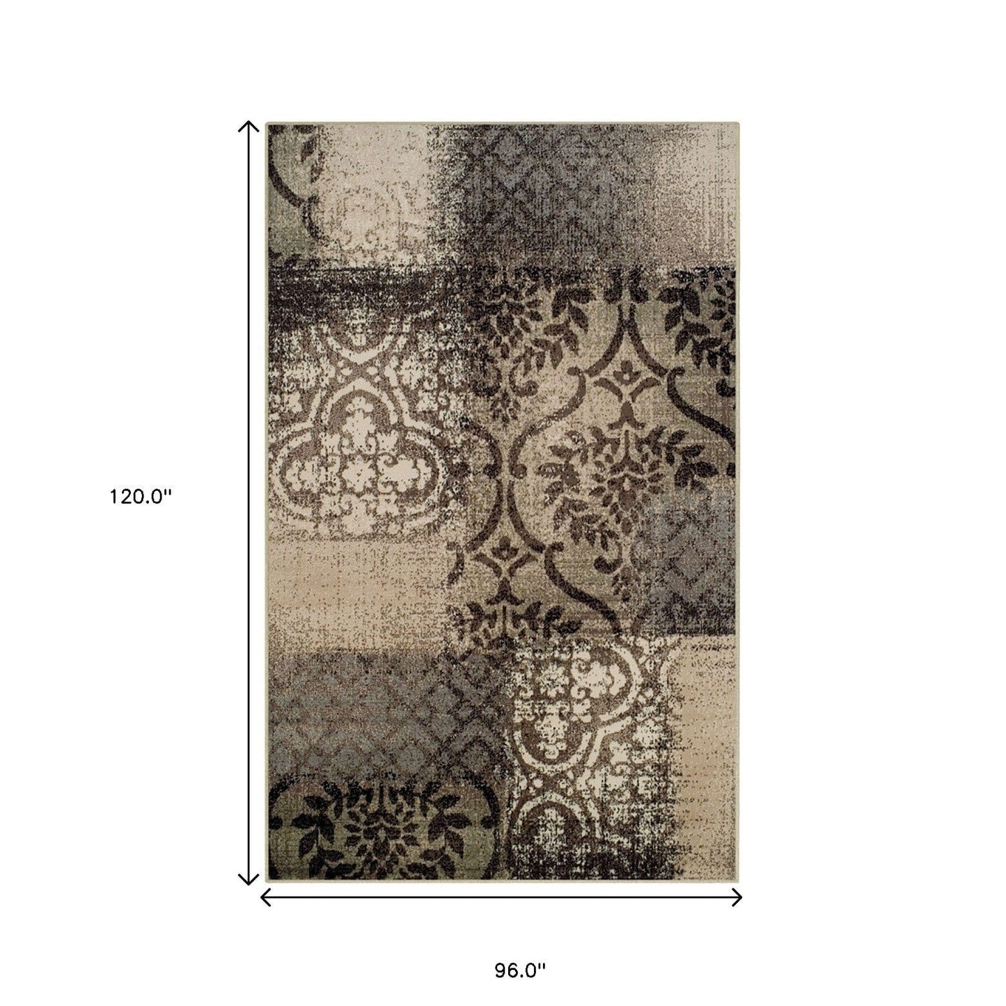 8' X 10' Tan And Brown Damask Distressed Stain Resistant Area Rug