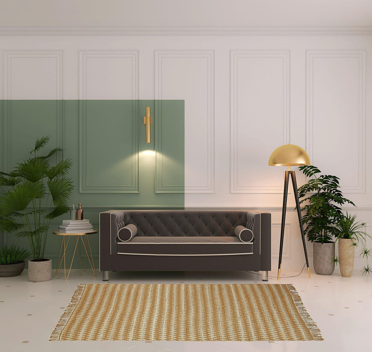 5' X 8' Gold Chevron Hand Woven Stain Resistant Area Rug With Fringe