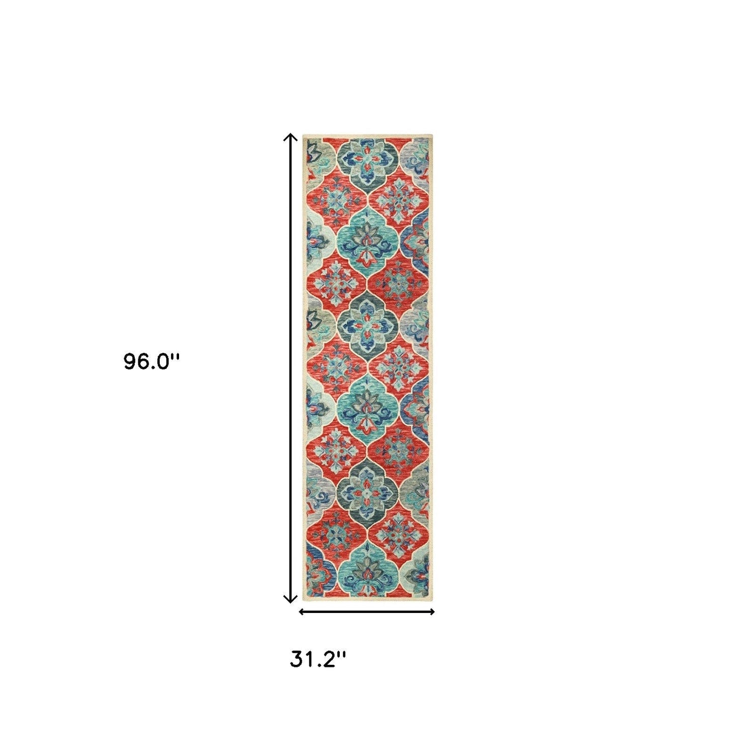 8' Blue And Rust Wool Geometric Tufted Stain Resistant Runner Rug