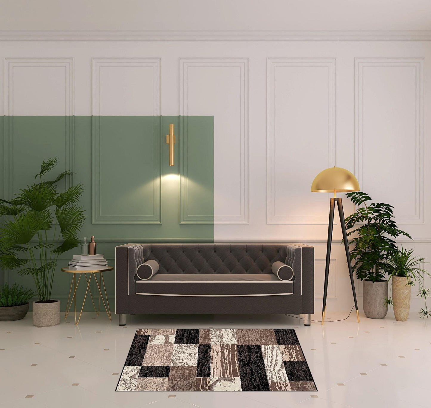 5' Square Chocolate Square Patchwork Power Loom Stain Resistant Area Rug