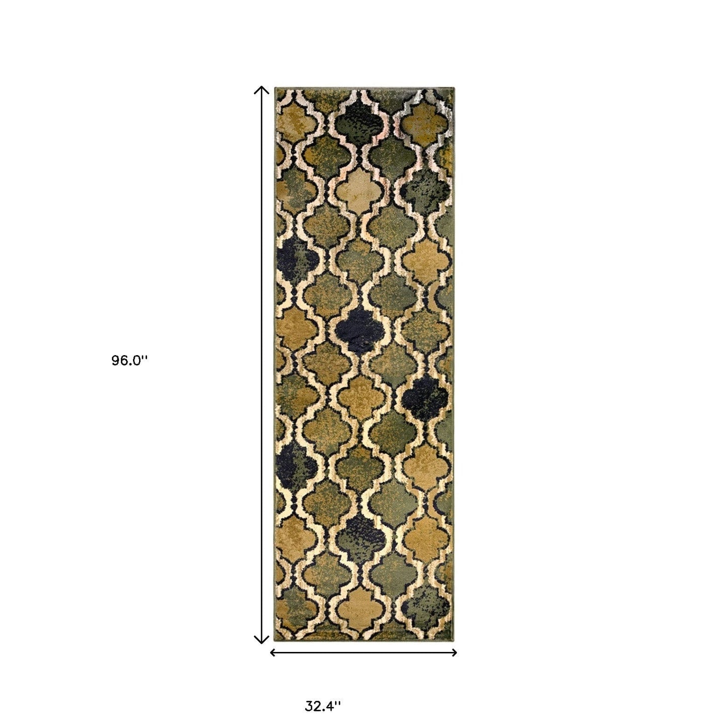 8' Green Quatrefoil Power Loom Distressed Stain Resistant Runner Rug