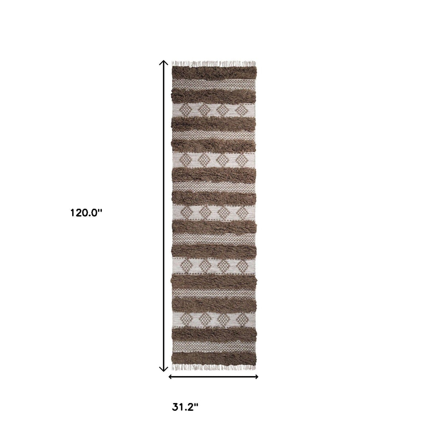 10' Olive And Ivory Wool Striped Flatweave Handmade Stain Resistant Runner Rug With Fringe