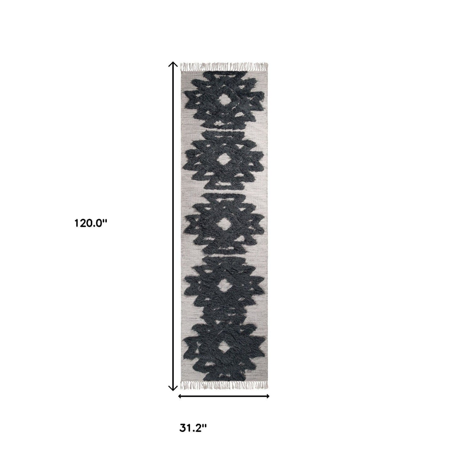 10' Ivory And Charcoal Wool Geometric Flatweave Handmade Stain Resistant Runner Rug With Fringe