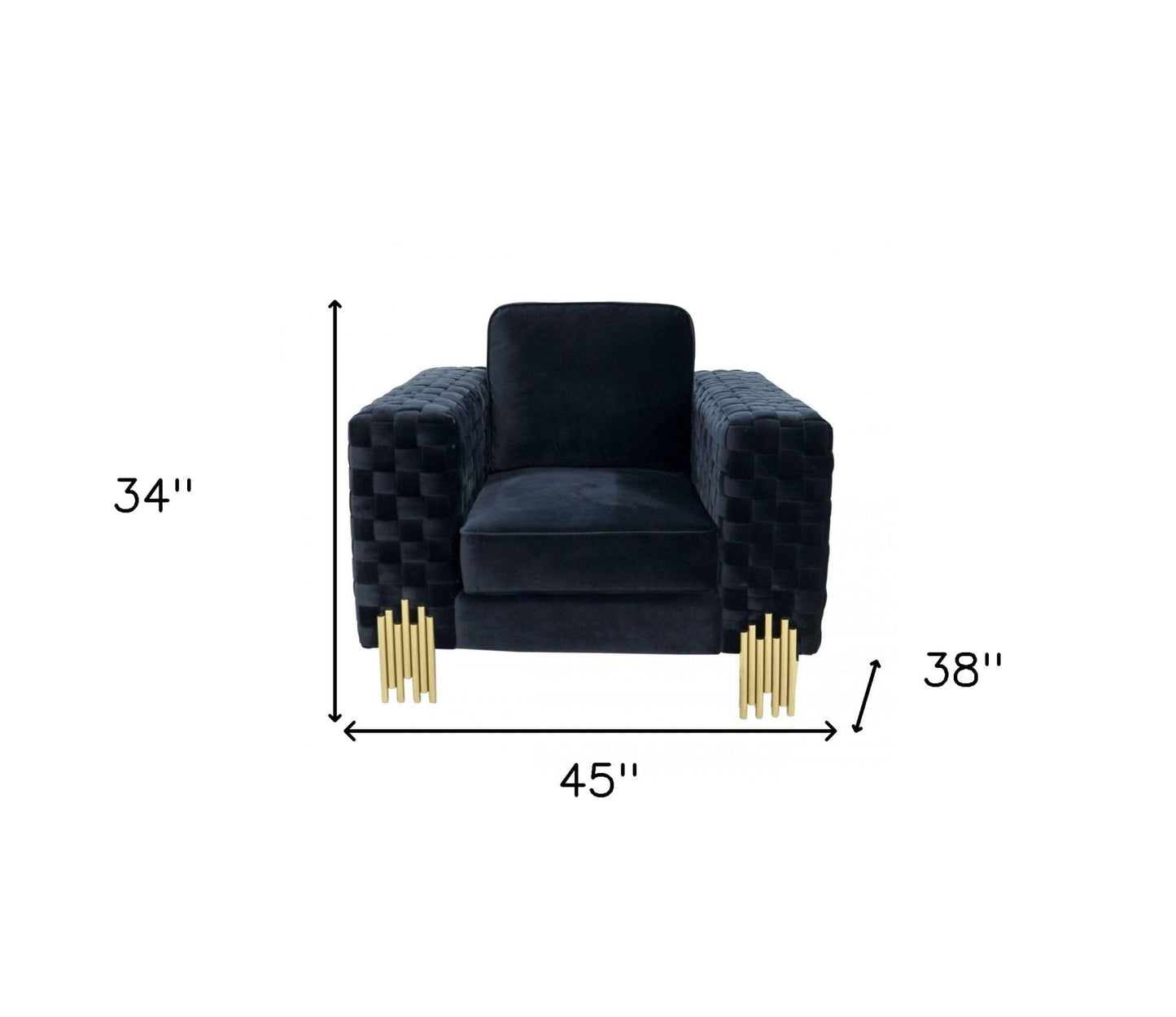 45" Black Velvet And Gold Solid Color Arm Chair