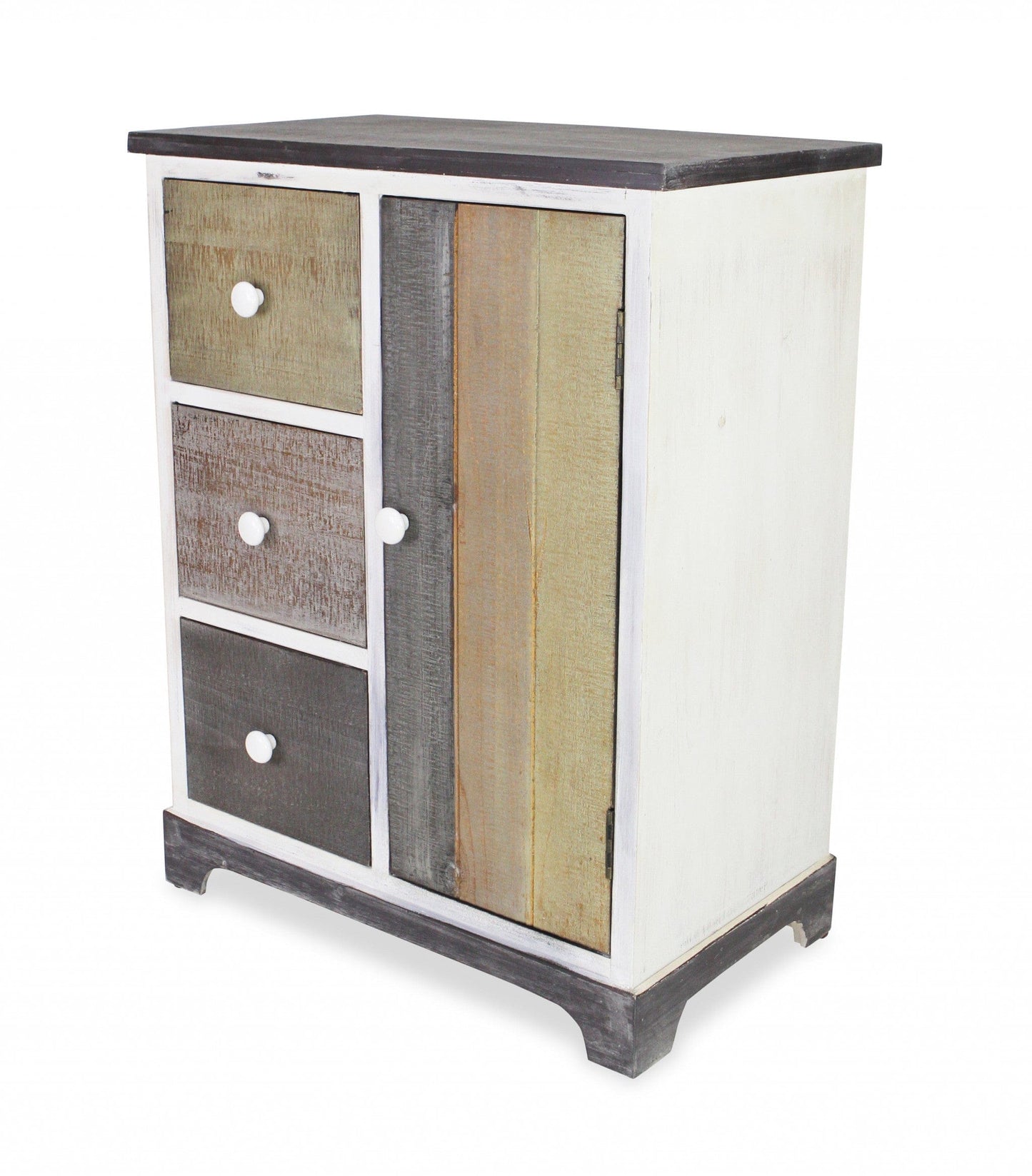 30" White And Black Rustic Wood End Table With Three Drawers