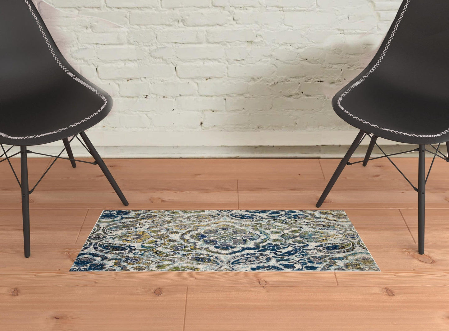 4' X 6' Ivory Blue And Green Floral Stain Resistant Area Rug