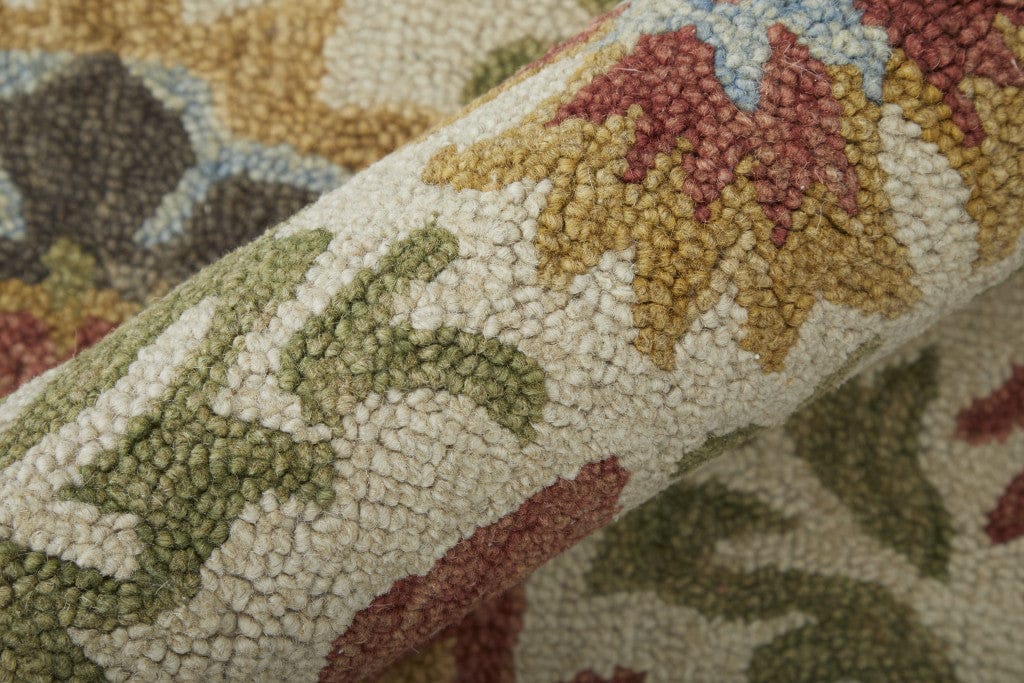 8' Ivory Green And Orange Round Wool Paisley Tufted Handmade Stain Resistant Area Rug With Fringe