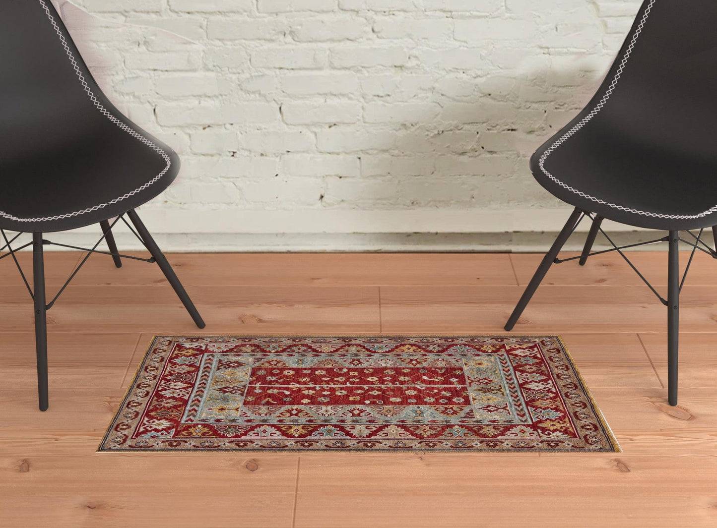 5' X 8' Red Blue And Brown Wool Floral Hand Knotted Distressed Stain Resistant Area Rug With Fringe