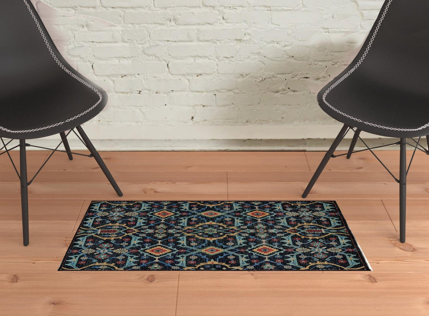 4' X 6' Blue Yellow And Red Wool Floral Hand Knotted Distressed Stain Resistant Area Rug With Fringe