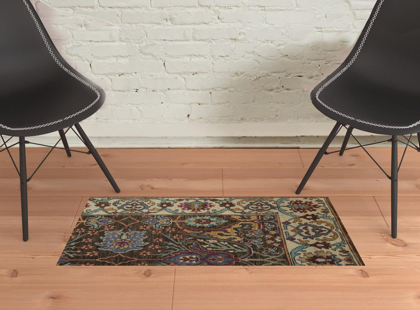 4' X 6' Ivory Brown And Blue Wool Floral Hand Knotted Distressed Stain Resistant Area Rug With Fringe