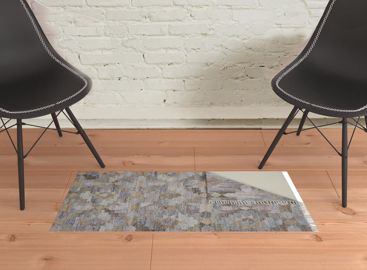 4' X 6' Taupe Gray And Blue Geometric Hand Woven Stain Resistant Area Rug With Fringe