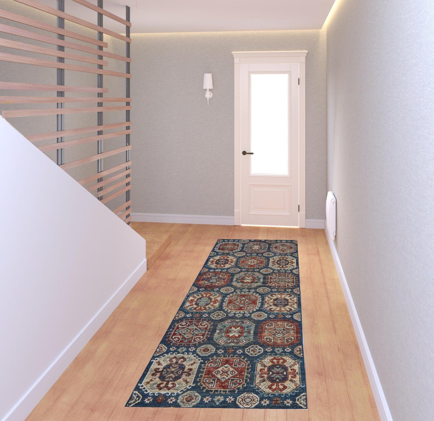 4' X 6' Blue Red And Tan Abstract Power Loom Distressed Stain Resistant Area Rug