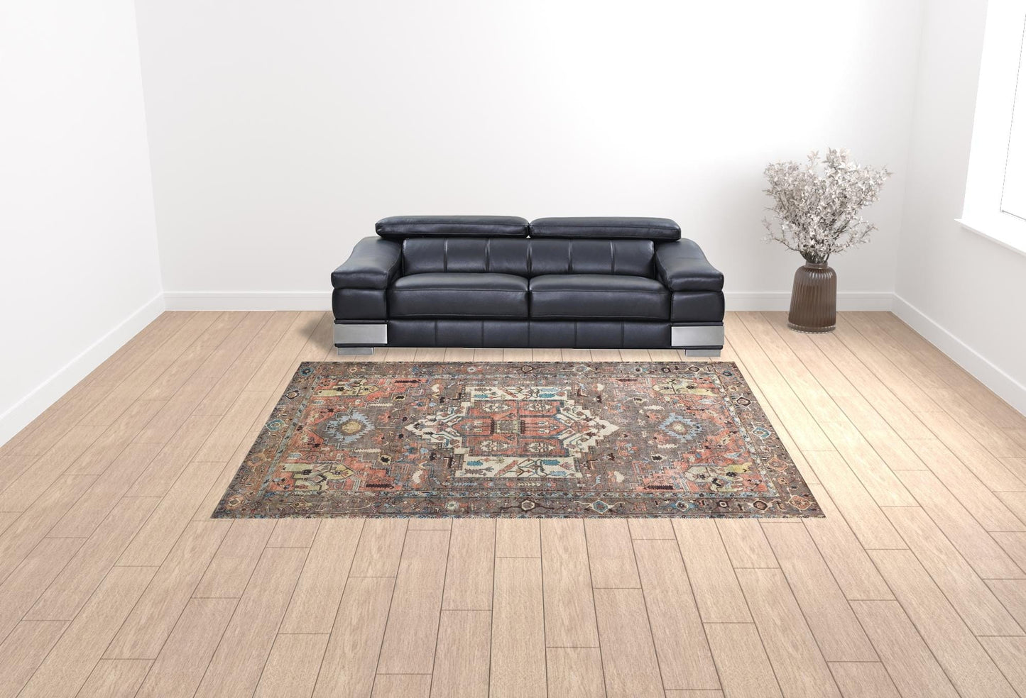 5' X 8' Taupe Red And Brown Floral Area Rug